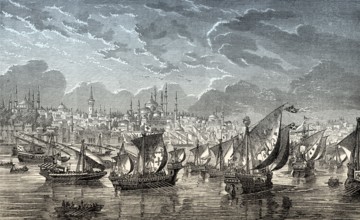The fleet of the crusaders in front of Constantinople during the Fourth Crusade in 1203, Riva