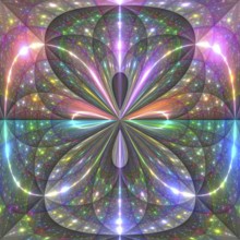 This digital art features a symmetrical, vibrant pattern evoking the visual style of galaxies,