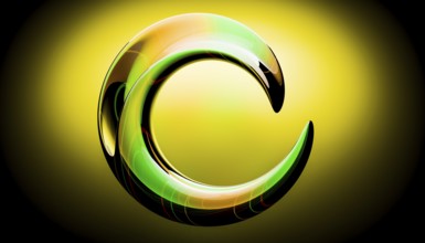 Abstract 3D illustration featuring a glossy green crescent, set against a vibrant yellow and black
