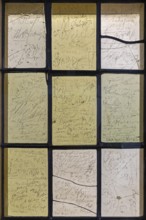 Interior photograph, visitors' signatures carved into window glass, William Shakespeare's