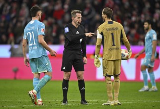 Referee Tobias Stieler in discussion with goalkeeper Oliver Baumann TSG 1899 Hoffenheim (01) Albian