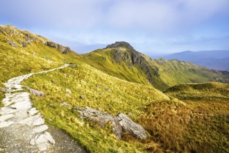 Pyg Track over Llyn Llydaw lake, Pen-y-Pass, mountain pass, Snowdonia, Gwynedd, north-west Wales,