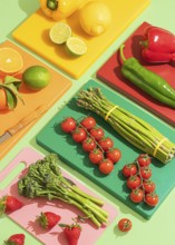 A vibrant display of assorted fresh fruits and vegetables, including tomatoes, asparagus, and