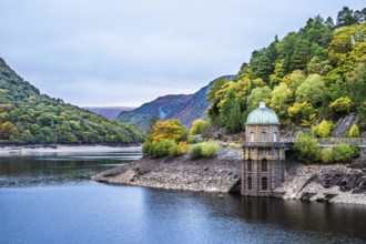 Autumn colors over Garreg Ddu Dam, Elan Valley, Caban-Coch Reservoir, Rhayader, Wales, UK