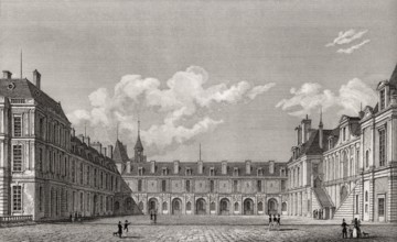 The Royal Château de Fontainebleau, near Paris, antique steel engraved print, 1831