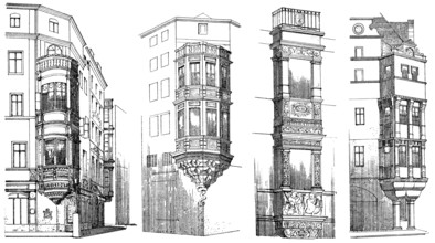 Historical architectural illustration from the 19th Century, 1882, facade with bay windows in