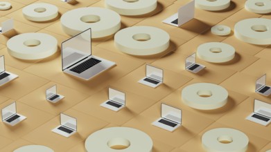 This setting displays numerous laptops arranged among circular tiles on a smooth surface,