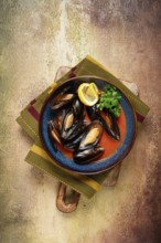 Fra Diavolo mussels, mussels in tomato sauce, Italian dish, on the table, top view, homemade, no