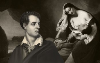 Portrait of George Gordon Noel Byron, Don Juan asleep on Haidée's lap, painting by Henry Scheffer