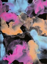 Vibrant abstract artwork featuring neon pinks, blues, and oranges that swirl against a dark