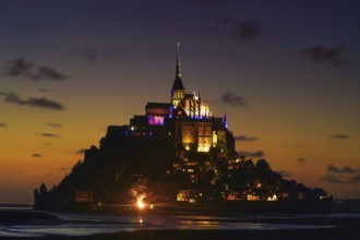 France, Normandy, Mont Abbey. St. Michel at night, Normandy, France