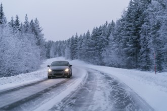 A car drives along a snow-covered road, flanked by dense, snow-laden trees in the serene Swedish