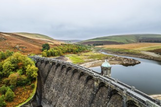 Autumn over Craig Goch Dam from a drone, Elan Valley Reservoirs, Elan Valley, Rhayader, Powys,