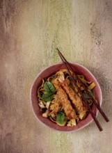 Udon noodles with shrimp in tempura, Japanese cuisine, homemade, no people