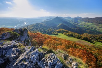 View of an autumnal forest from the Gisliflue, behind the Jura foothills with Wasserfluh and