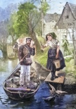 Country postman in the Spreewald, Brandenburg, Germany, coloured wood engraving, reproduction from
