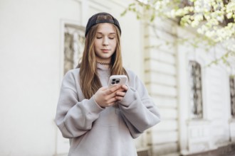 A teenage girl stands outdoors, focused on her smartphone, wearing a casual gray hoodie and a black