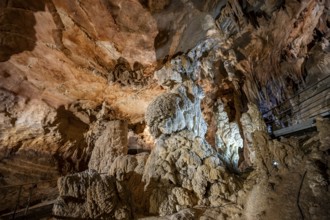 Stalactites and stalagmites, rock formations in a stalactite cave, Grotta del Fico, Gulf of Orosei,