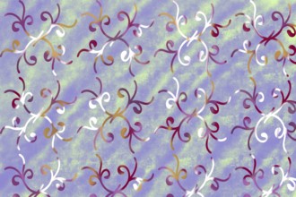 A seamless decorative pattern with swirling floral motifs in red, white, and gold tones against a