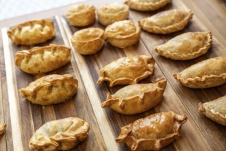 Collection of freshly baked golden brown empanadas and round savory pastries arranged on a striped