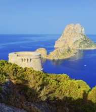 View of Torre des Savinar and Es Vedra island, Ibiza, Balearic Islands, Spain
