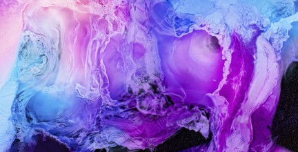 This abstract artwork displays a stunning blend of blue, pink, and purple hues, creating a liquids,