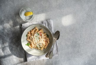 A delectable plate of cavatappi pasta topped with fresh basil, cheese and spicy tomato sauce