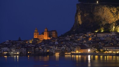 View of the coastal town of Cefalu at night, church, lights, Sicily, Italy, Cefalu, Sicily, Italy