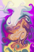 A vivid abstract illustration with swirling patterns in pink, purple, and orange tones. The dynamic