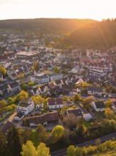 Panoramic view of a town with evening sun and surrounding nature, Nagold, Black Forest, Germany
