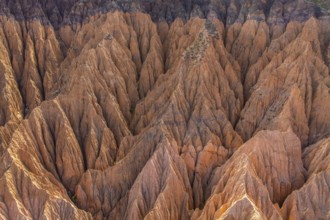 Aerial view showcasing a striking example of gully erosion, with deep, rugged valleys and ridges