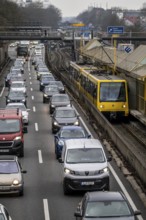 Traffic jam on the A40 motorway, in both directions, underground U18 in the middle lane, Friday,