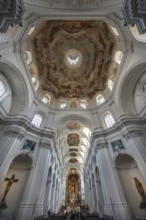 Vaulted ceiling and centre aisle with frescoes, Neumünster, collegiate church, Würzburg, Lower