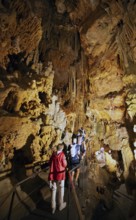 Cave with illuminated stalactites and stalagmites, stalactite cave, Diros Cave, Glyfada Cave,