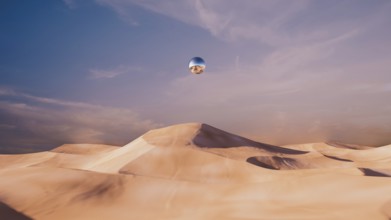 In a vast desert, rolling dunes create a surreal backdrop for a floating metallic sphere,
