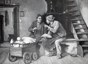 Two men discussing a newspaper article, sitting on the stove bench and taking care of a baby in a