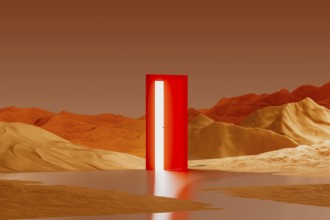 A bright, red door rests in the middle of a surreal desert landscape. A light glows from the door,