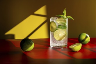 A refreshing classic mojito garnished with lime slices and mint leaves in a clear glass, set on a
