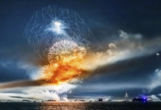 Lake Night Festival Constance. Water fireworks over the German shore and the neighbouring Swiss