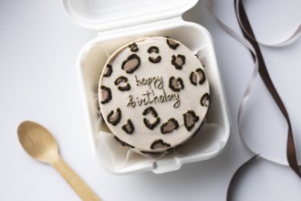 Top view of a mini bento birthday cake styled with a leopard print design and a Happy Birthday