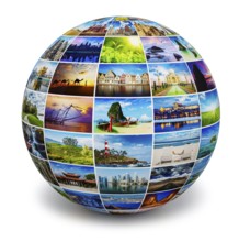 Global travel media world globe concept, picture sphere with travel images isolated on white. All