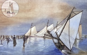 Iceboat sailing on the Baltic Sea, Germany, coloured wood engraving, reproduction of an original