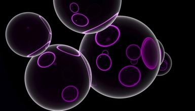 A striking 3D render featuring multiple glossy black spheres, each adorned with vibrant purple