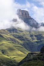 Mountains with fog at the amphitheatre, Drakensberg National Park, KwaZulu Natal, South Africa