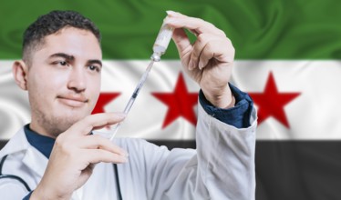 Doctor holding syringe on Syria flag background. Medical professional holding syringe with Syrian