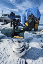 Scuba divers, Lake Baikal, Olkhon Island, Pribaikalsky National Park, Irkutsk Province, Siberia,