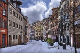 Historic half-timbered houses in Weißgerbergasse in winter, Nuremberg, Middle Franconia, Bavaria,
