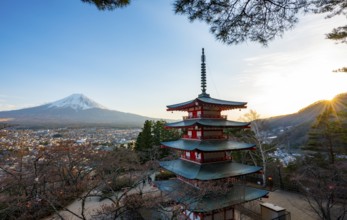 Five-story pagoda of a Shinto Shrine, Chureito Pagoda, with sunset view of Fujiyoshida City and