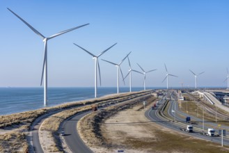 ENECO wind farm on the dike around the port of Maasvlakte 2, 22 wind turbines with an output of 116