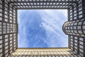 View of the sky in the courtyard of the Chilehaus in the Kontorhausviertel, Hamburg, Germany